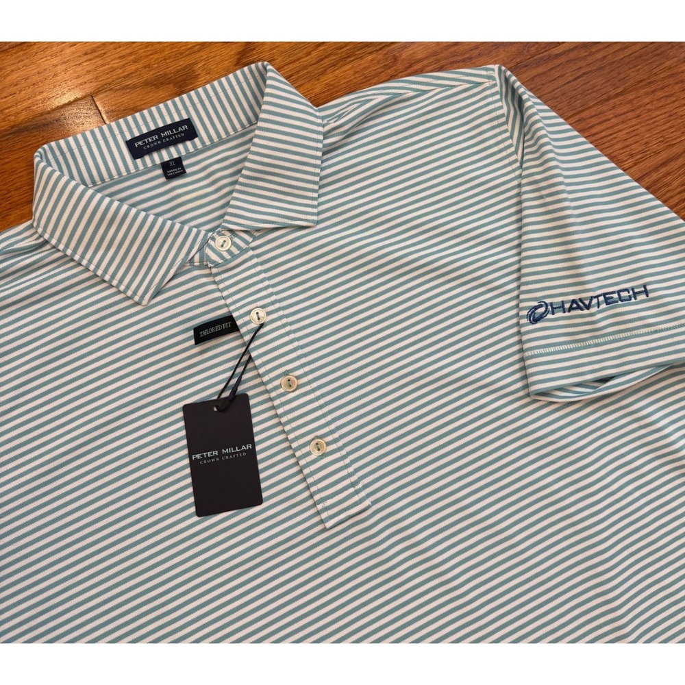 New Peter Millar Crown Crafted Golf Polo Shirt Mens XL VRON Teal Striped Logo